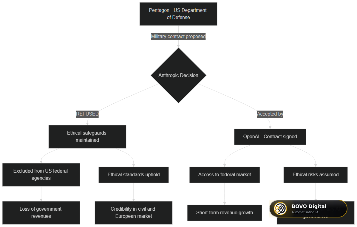 Ethical positions comparison: OpenAI accepts the military contract, Anthropic refuses