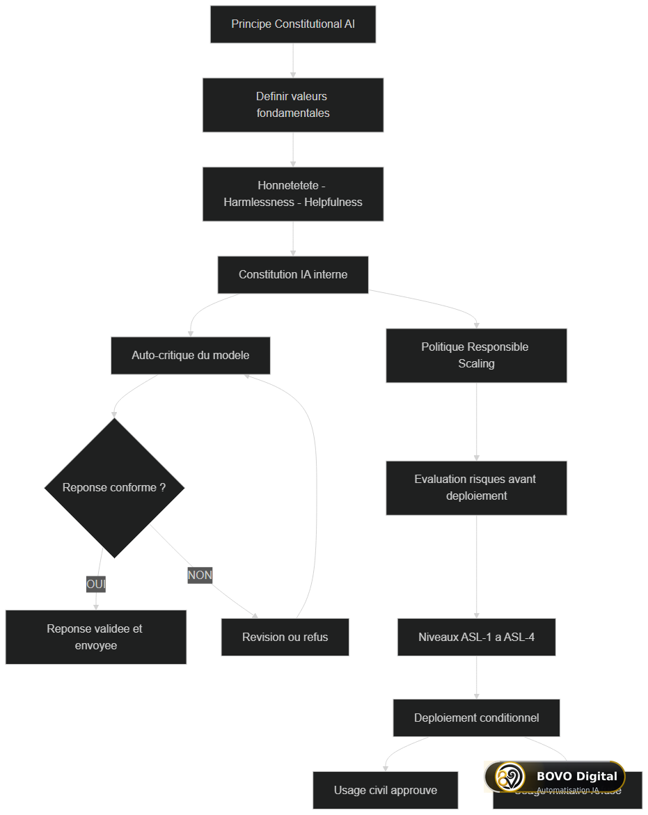 Flowchart Constitutional AI d'Anthropic : du principe à la décision de refus