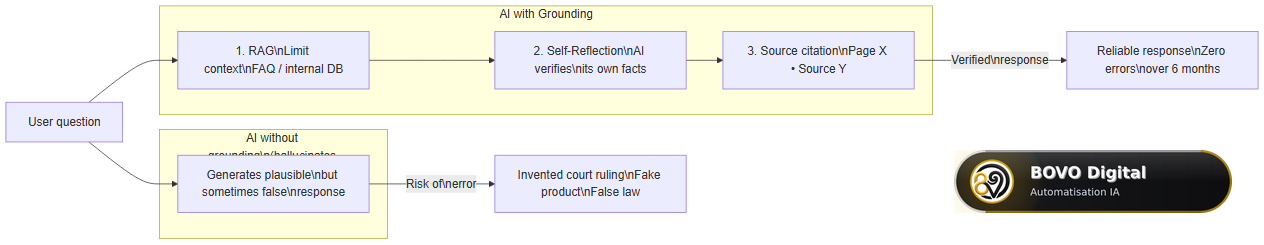 Grounding pipeline: raw AI vs grounded AI with RAG