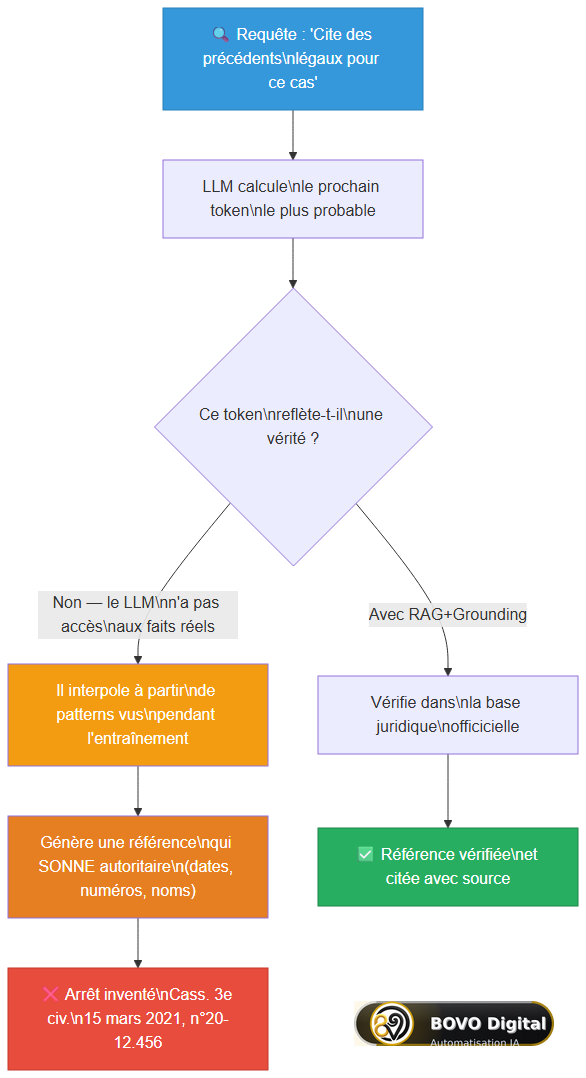 Mécanisme d'hallucination LLM : du token prédit à la référence juridique inventée