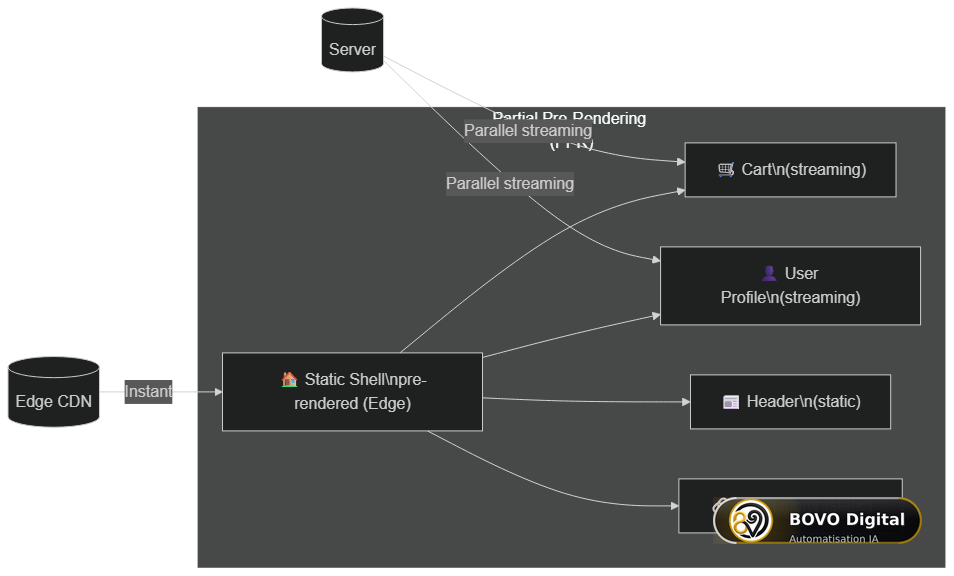 Partial Pre-Rendering Model: static shell + dynamic streaming parts