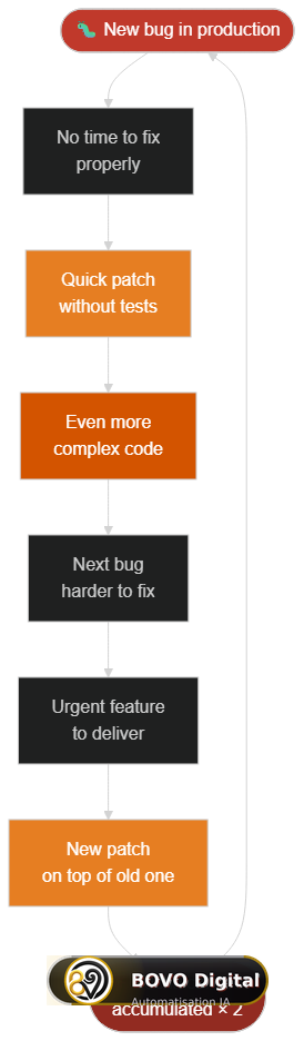 Technical debt spiral: one bug leads to a quick patch which creates more complexity