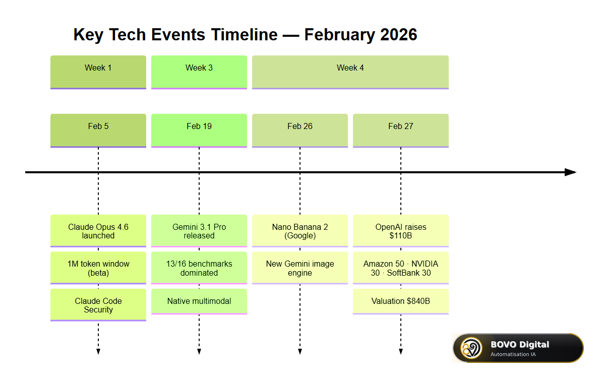 Timeline of key tech events in February 2026: Claude Opus 4.6, Gemini 3.1, OpenAI $110B