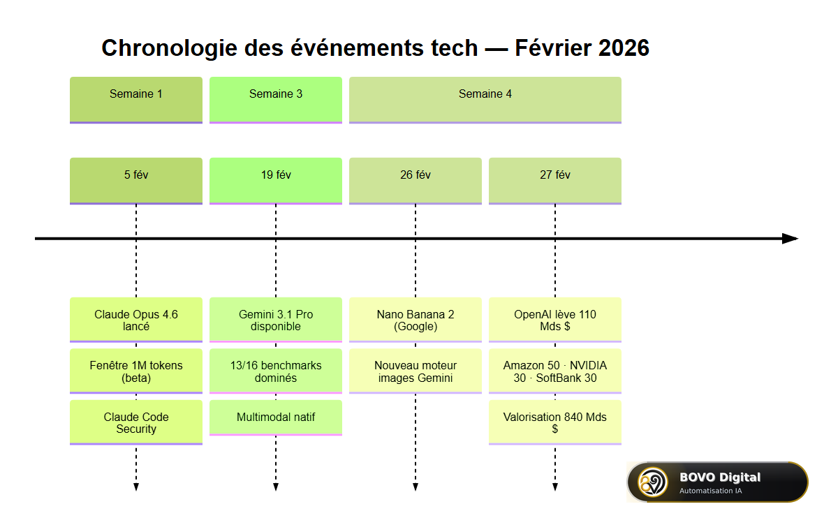Chronologie des événements tech de février 2026 : Claude Opus 4.6, Gemini 3.1, OpenAI 110 Mds $