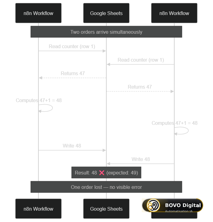 Sequence diagram showing two n8n workflows reading the value 47 then both writing 48 simultaneously to Google Sheets, losing one order