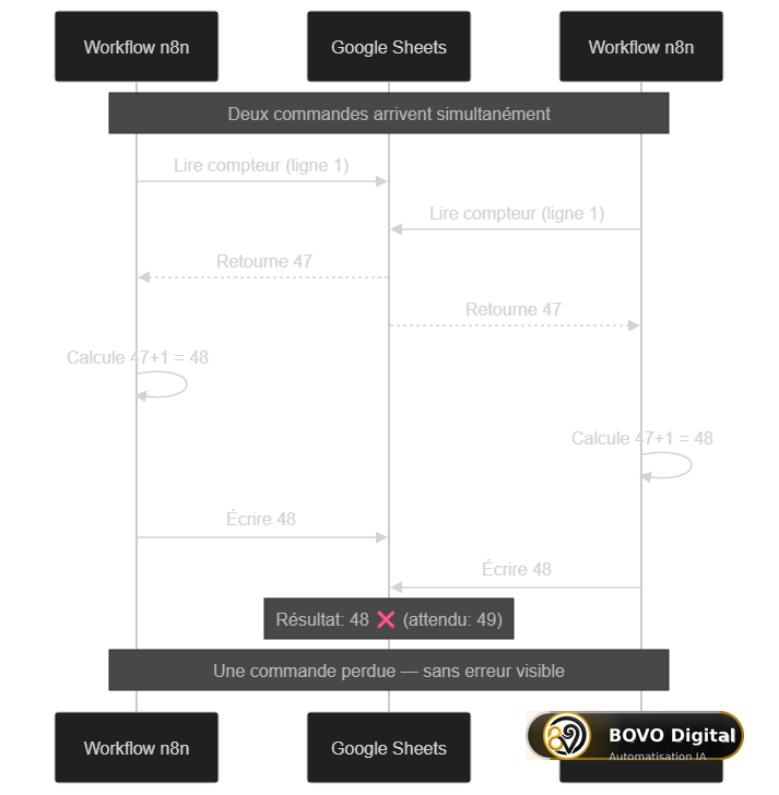Diagramme de séquence montrant deux workflows n8n qui lisent la valeur 47 puis écrivent 48 simultanément dans Google Sheets, ce qui fait perdre une commande