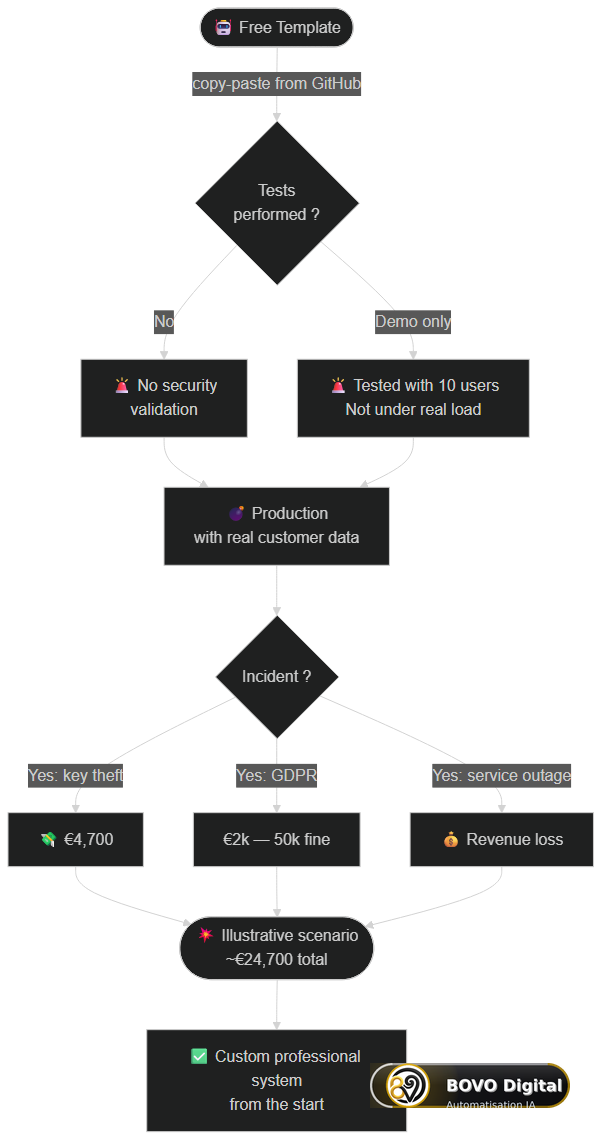 Comparative flowchart — unsecured free template vs. secured professional system