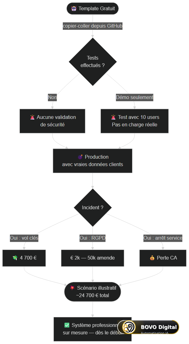 Flowchart comparatif — template gratuit non sécurisé vs système professionnel sécurisé