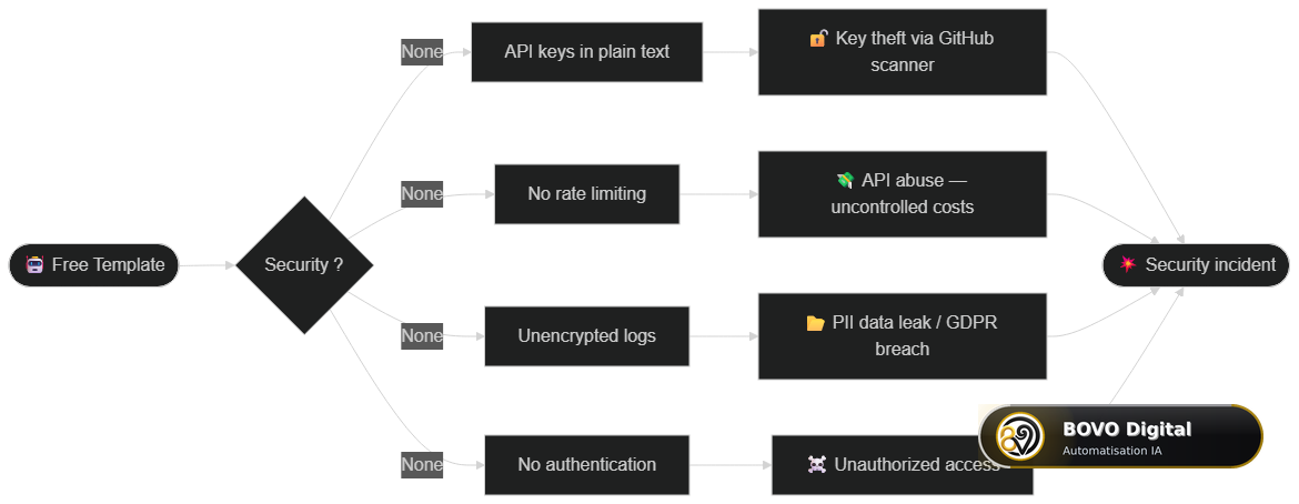 Attack vector flowchart for an unsecured AI chatbot — prompt injection, PII leak, API abuse, unauthorized access