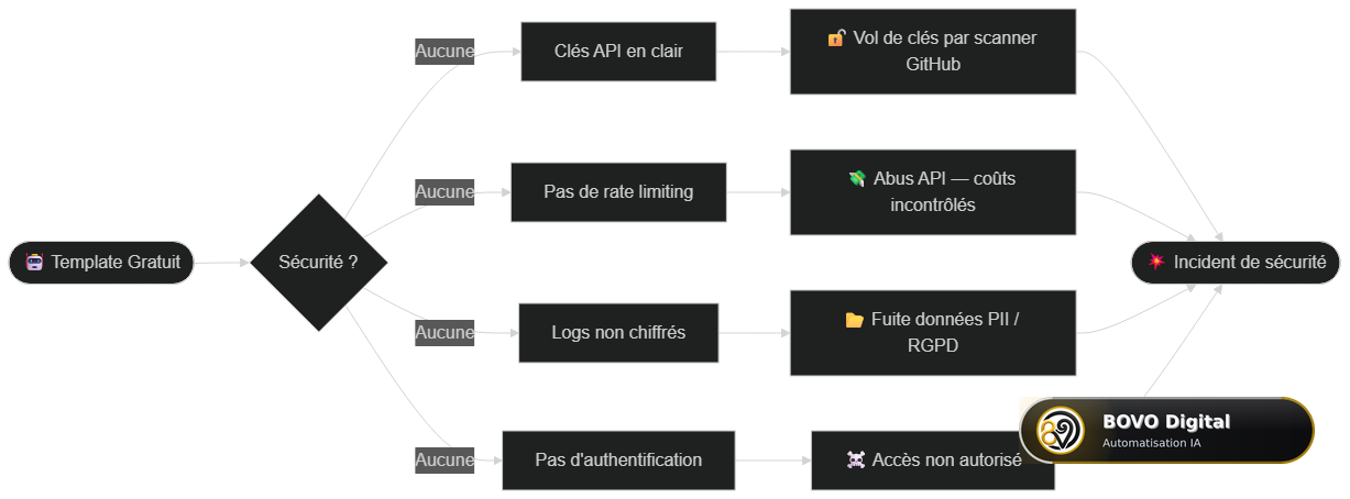 Flowchart des vecteurs d'attaque d'un chatbot IA non sécurisé — injection prompt, fuite PII, abus API, accès non autorisé