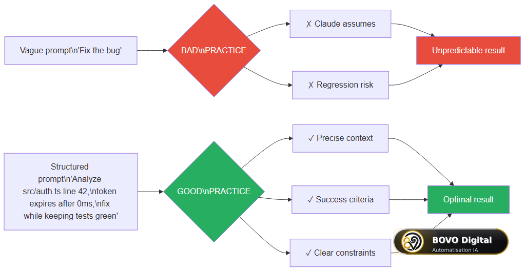 Comparison of good vs bad prompting practices for Claude Code