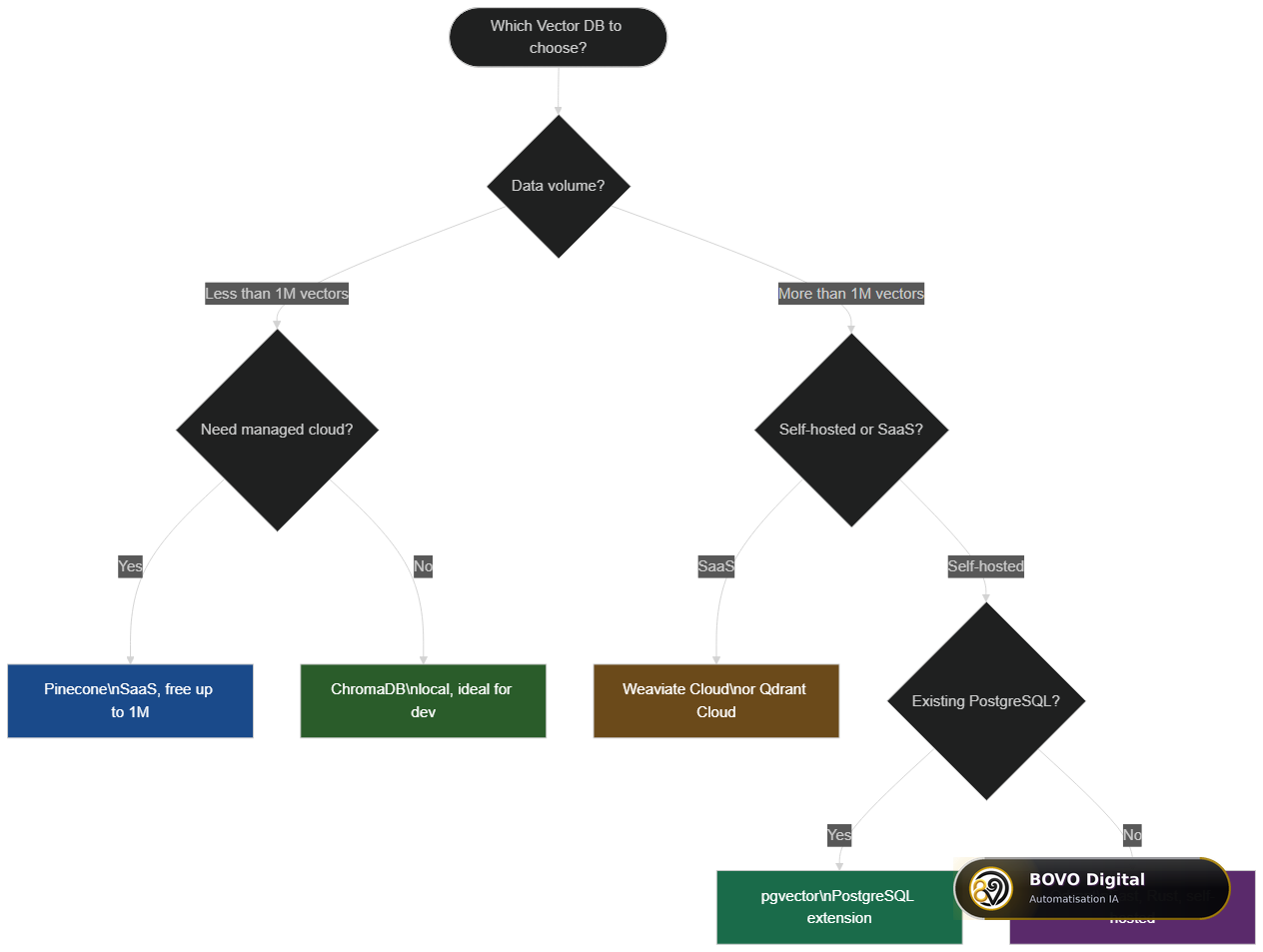 Decision tree for choosing a vector database: ChromaDB, Pinecone, pgvector, Qdrant, or Weaviate